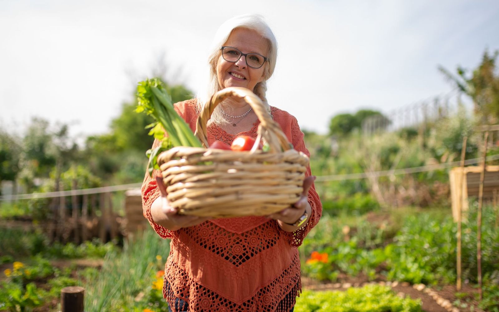 A smiling grey-haired woman holding a basket of fresh vegetables in a garden.